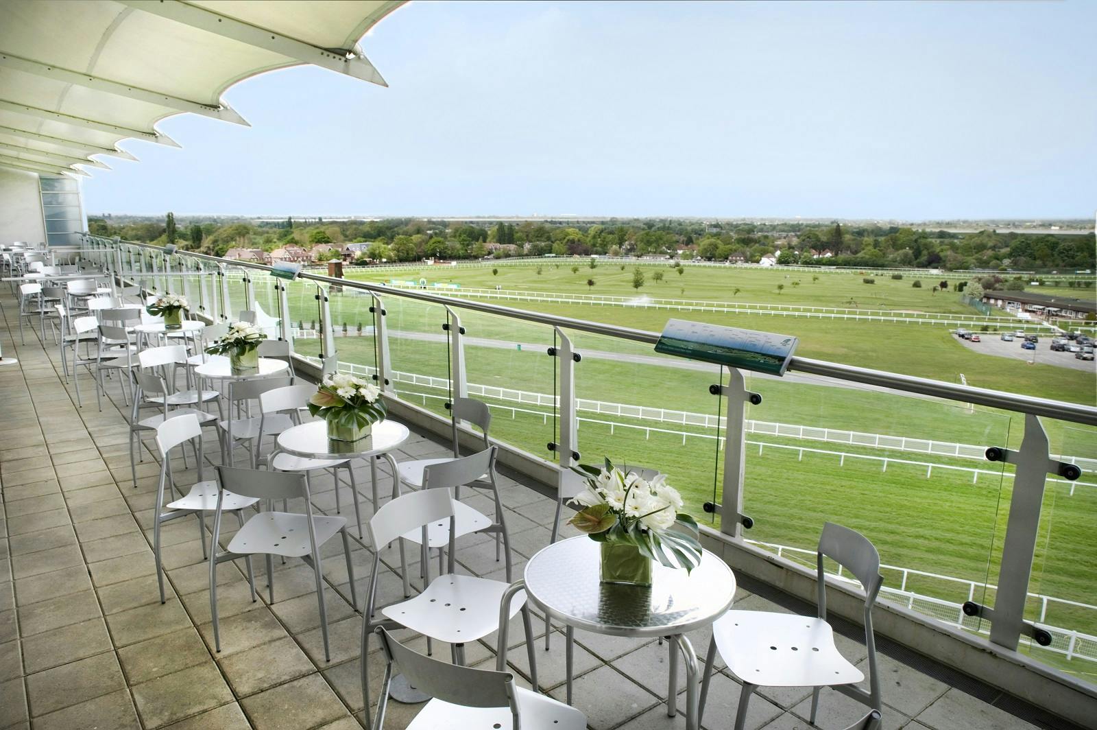 Park View Suite terrace at Sandown Park, ideal for upscale corporate events and receptions.