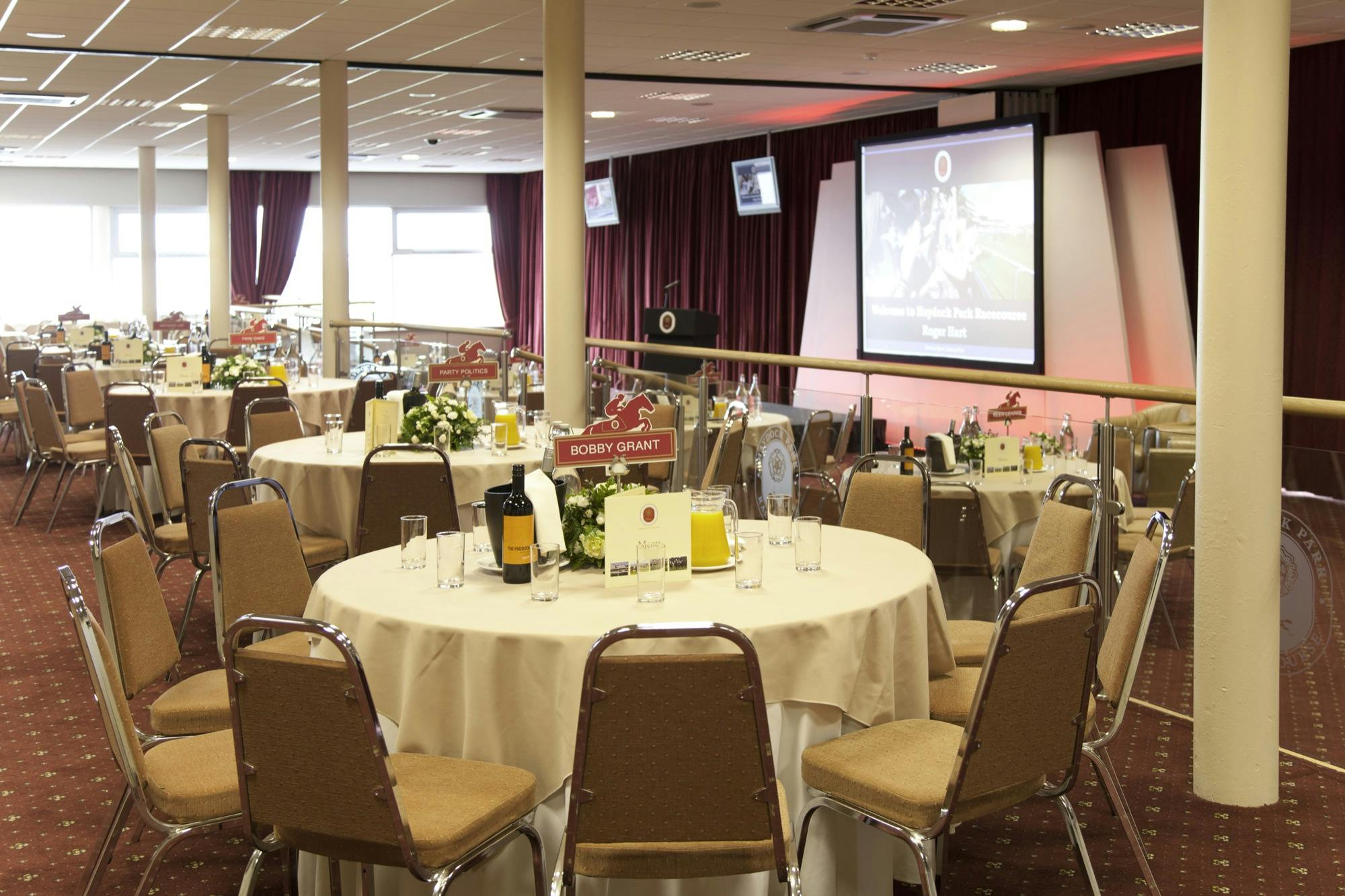 Park Suite at Haydock Park: elegant dining setup for corporate events and celebrations.