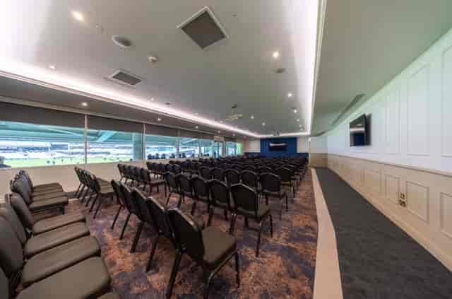 Pakistan Room at Kia Oval: theater-style corporate briefing space overlooking the stadium field.