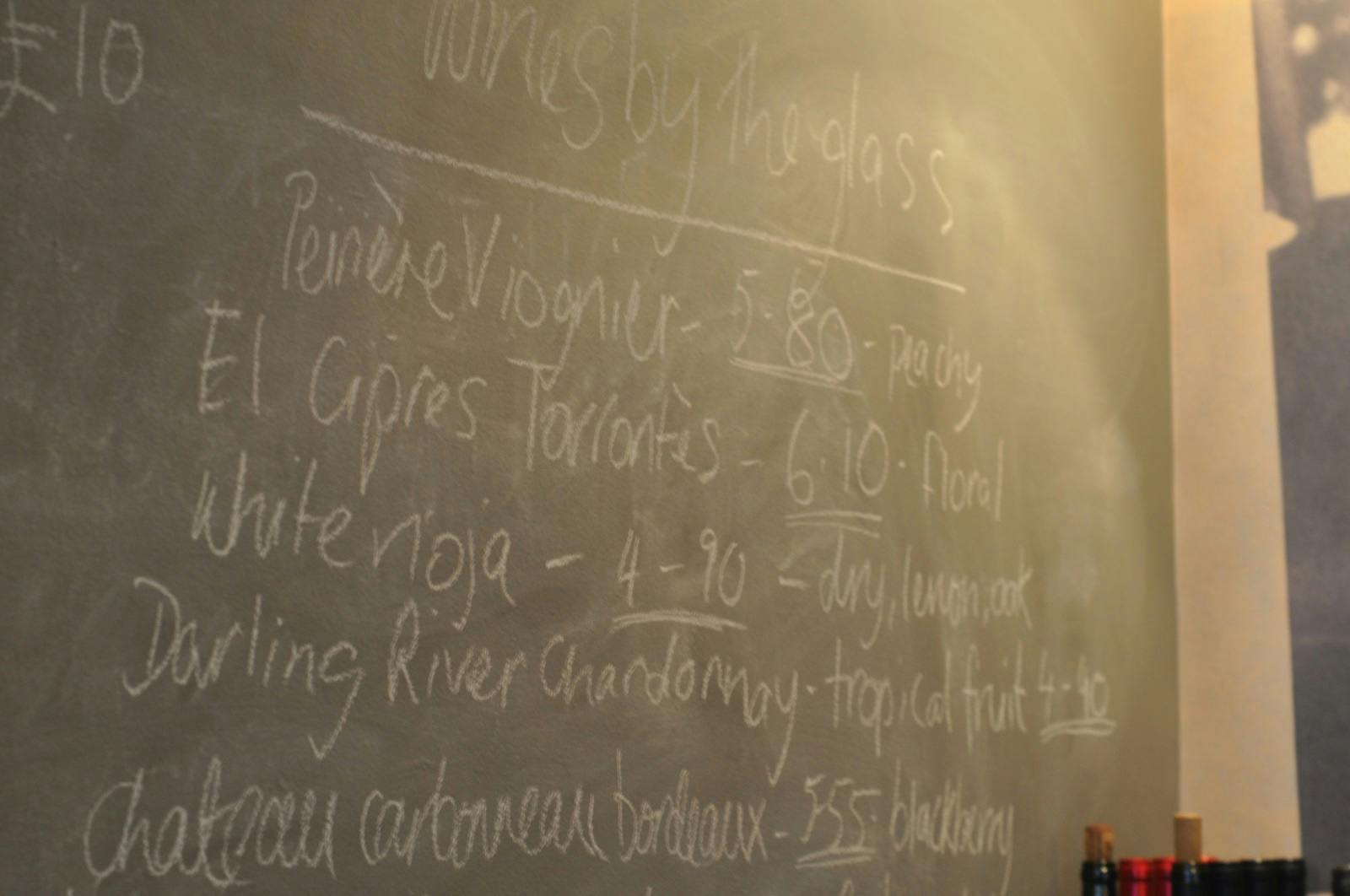 Chalkboard wine menu at Magpie Bar for events and gatherings.