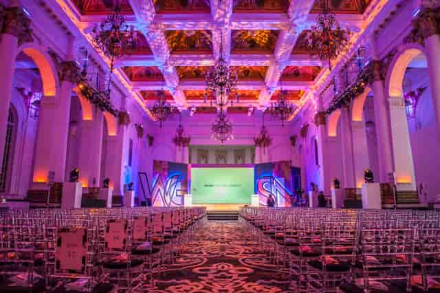 Elegant event space at 8 Northumberland Avenue with chandeliers, ideal for meetings and networking.