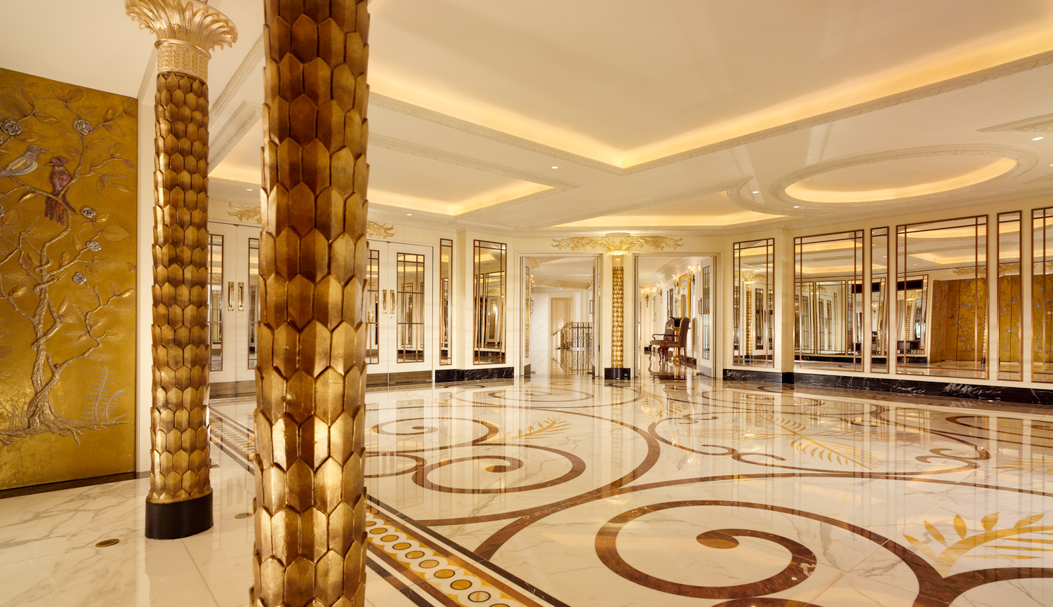 Elegant ballroom with marble flooring, ideal for corporate events and receptions. - Banner