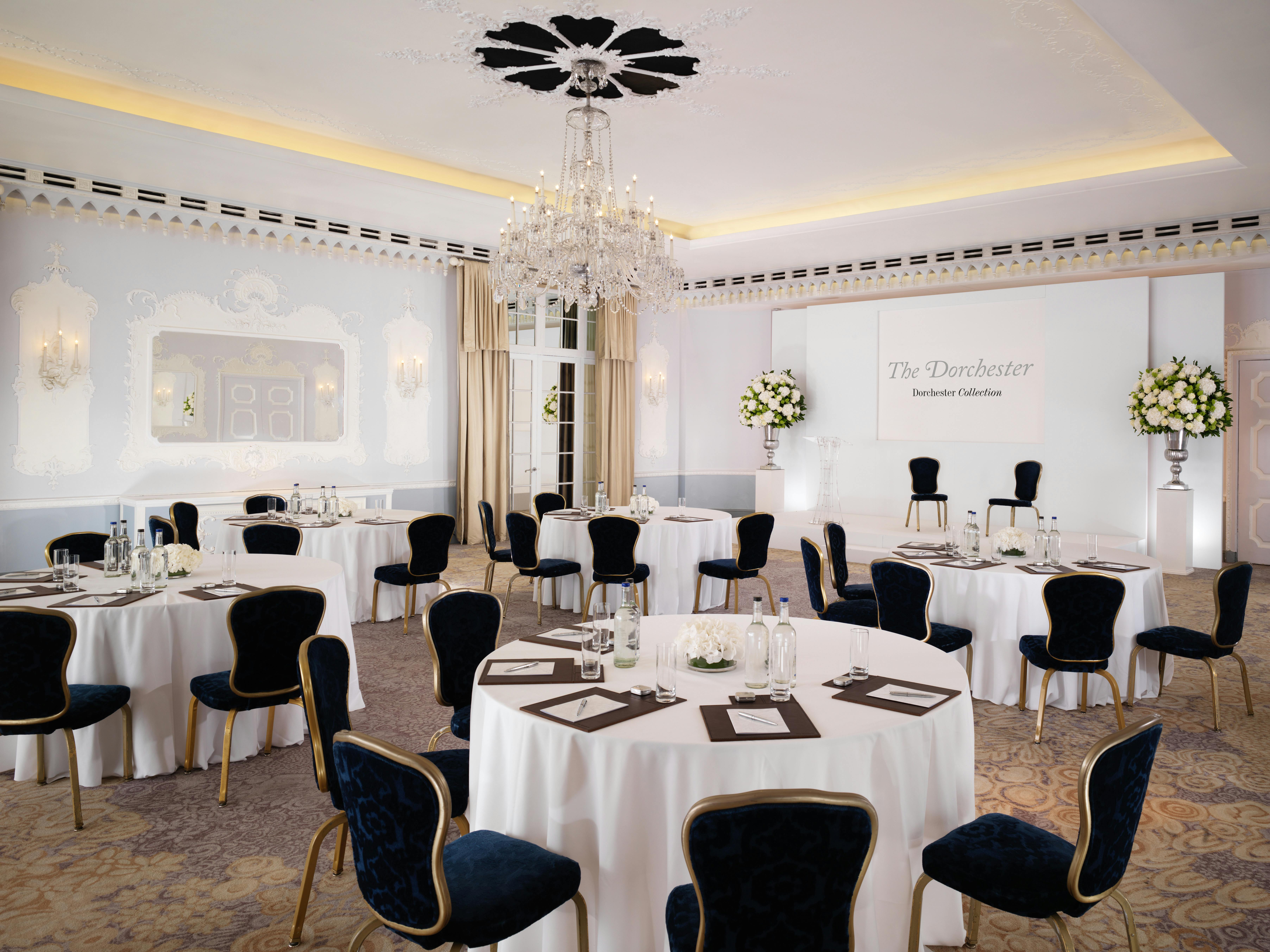 Elegant event space at The Dorchester with round tables, ideal for corporate gatherings.