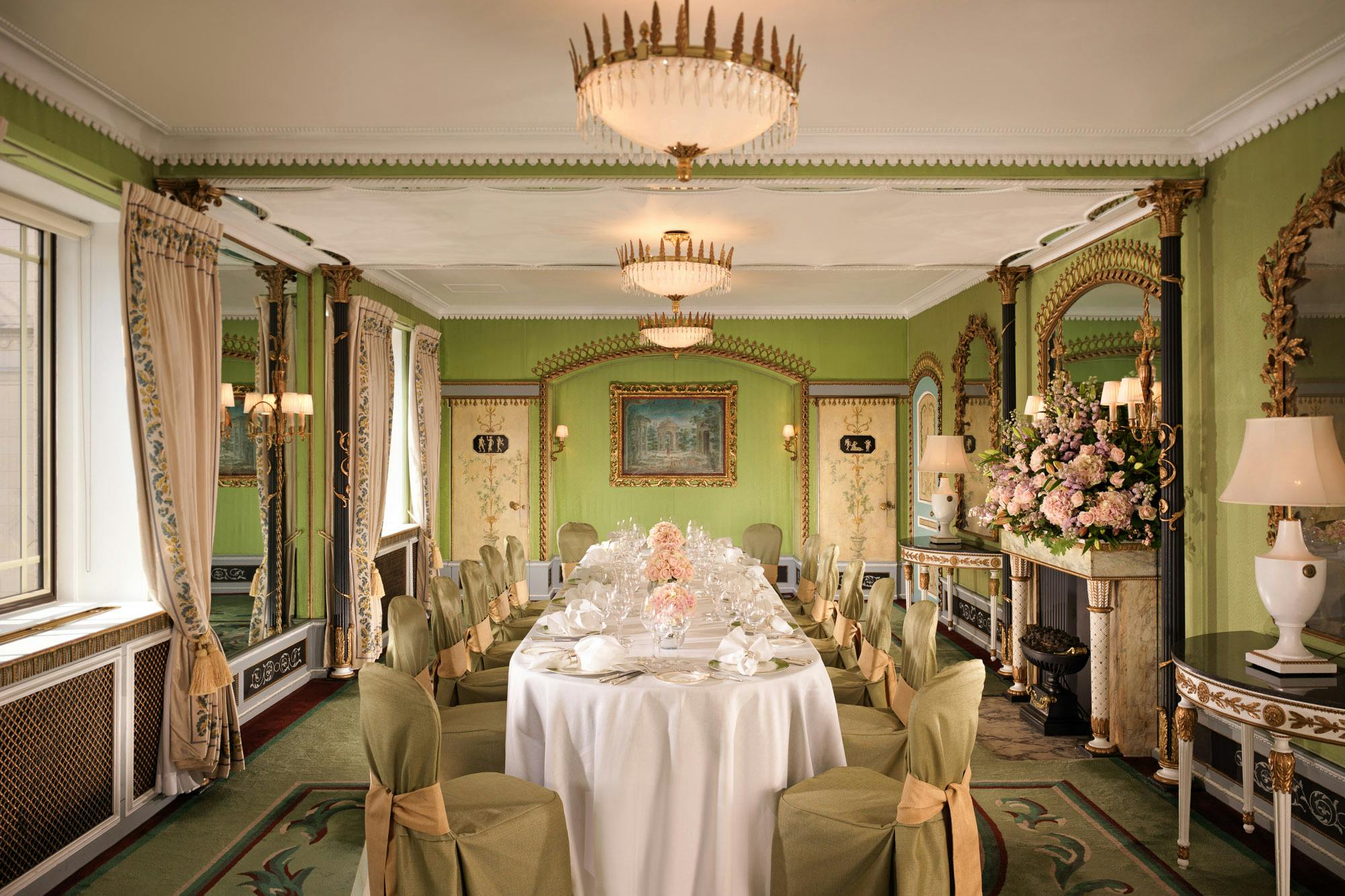 Elegant meeting space at The Dorchester with fine china, ideal for upscale events.