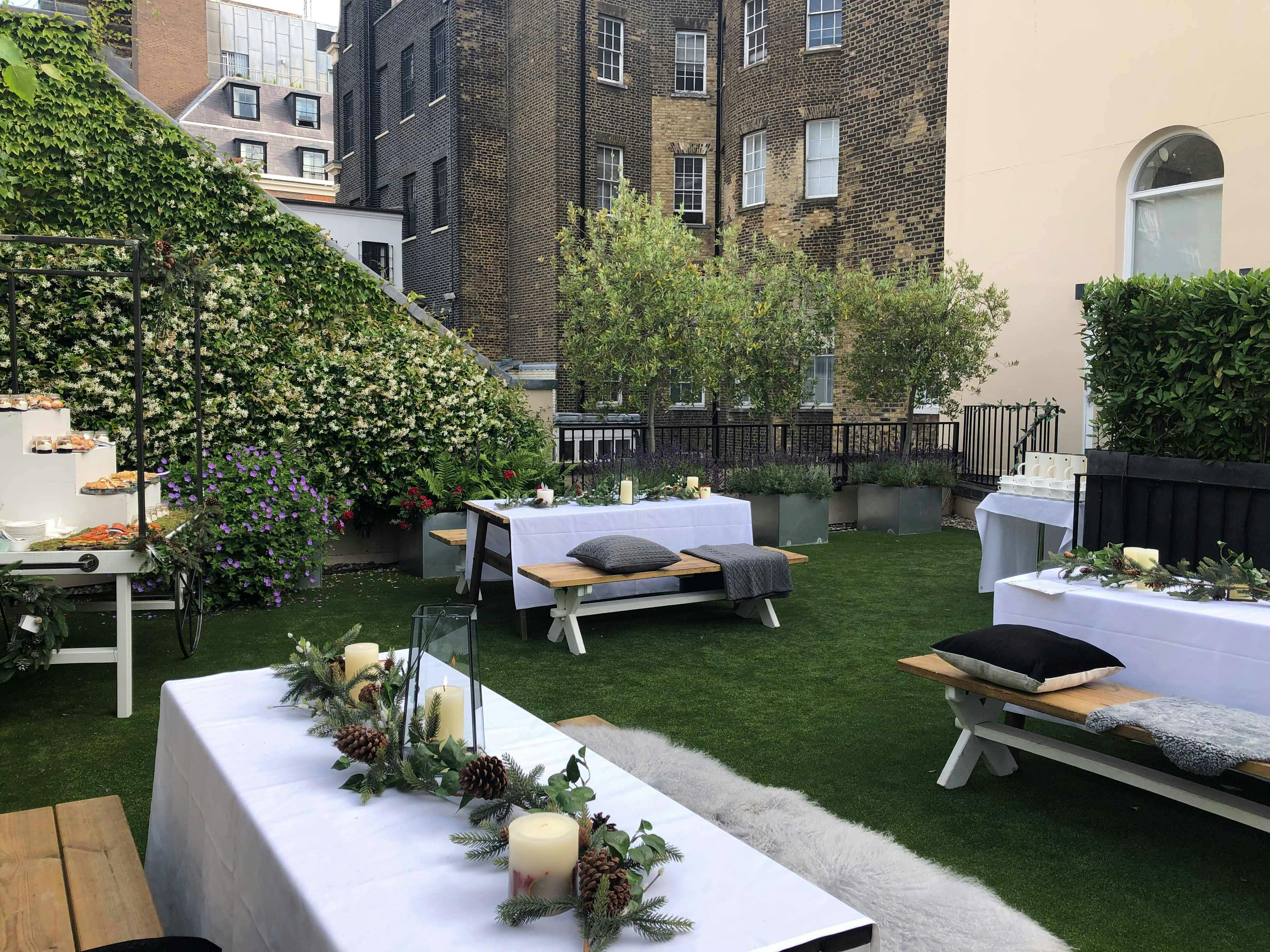 Elegant outdoor event space at 41 Portland Place, ideal for garden parties and networking.