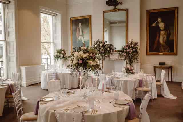 Elegant event venue, artwork, floral decor