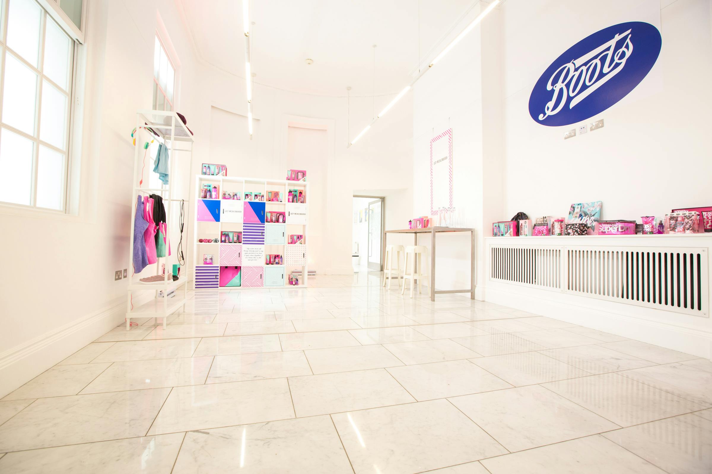 Modern exhibition area at 41 Portland Place for Boots brand product launches.