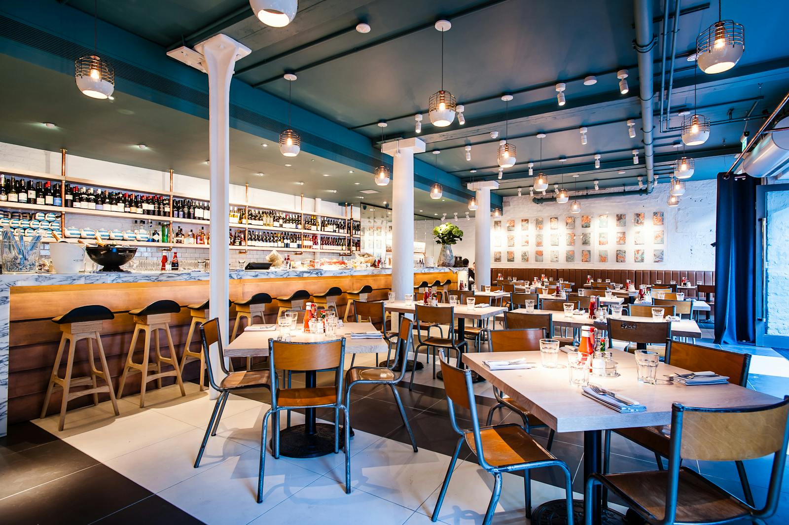 Modern restaurant venue in Fish Market for corporate events and gatherings.
