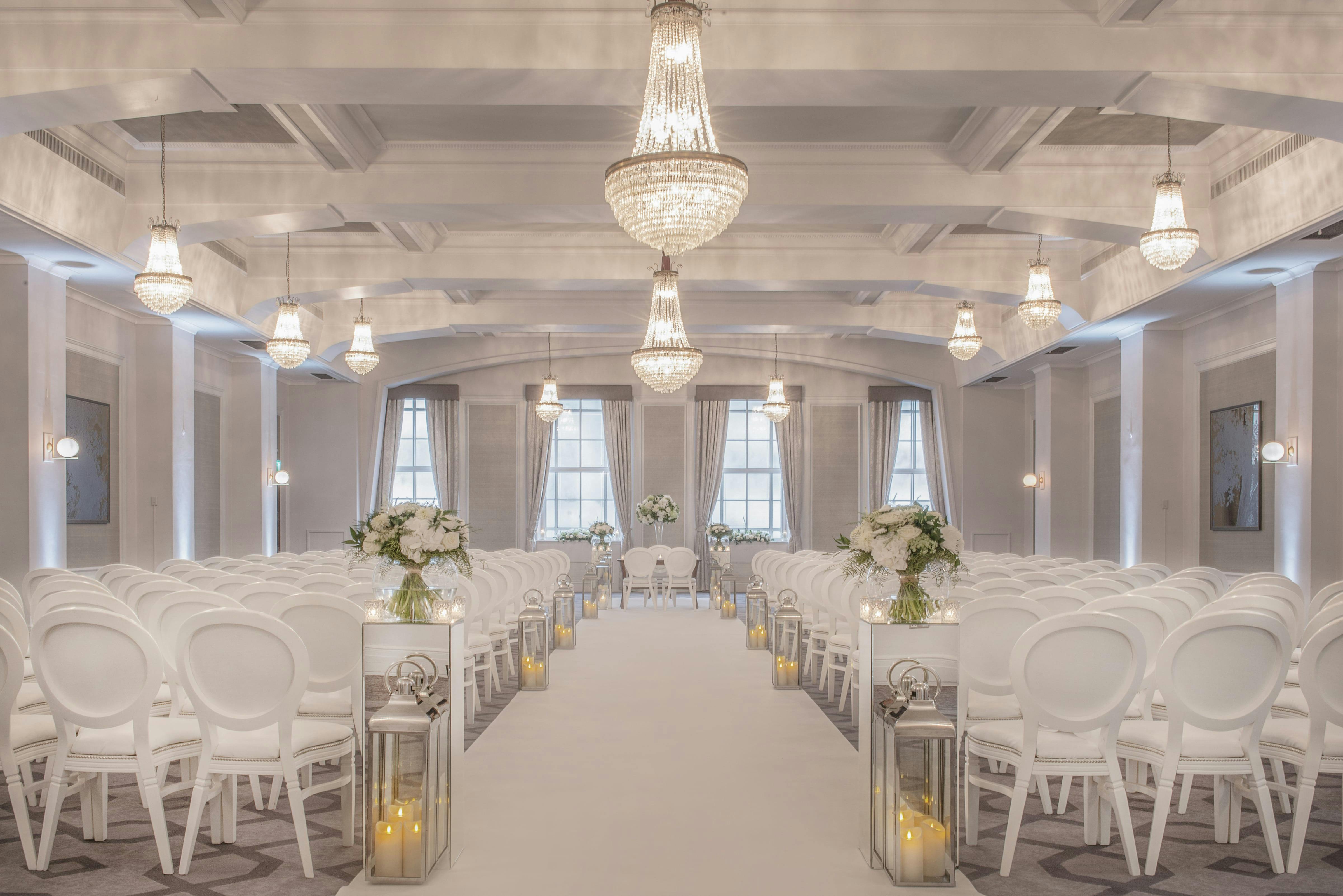 Elegant Edinburgh event space with chandeliers, ideal for weddings and gatherings.