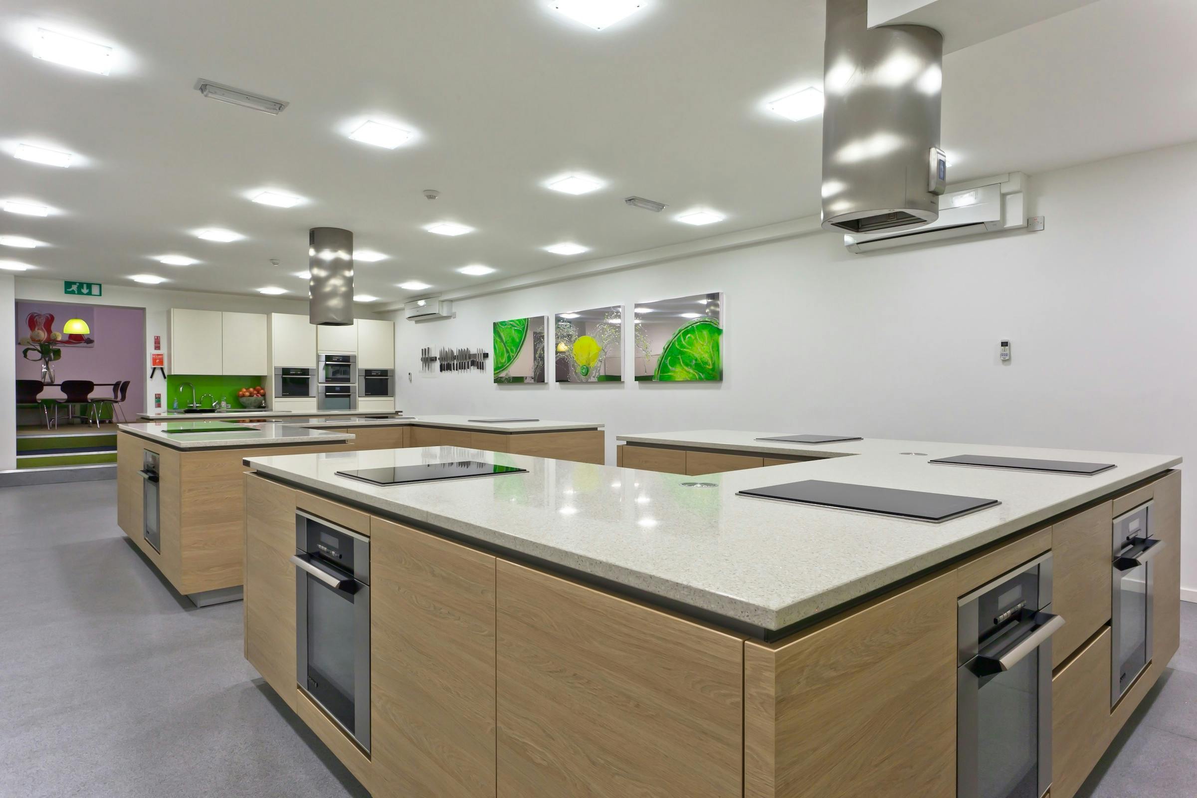 Modern kitchen at The Cheshire Cookery School for culinary events and workshops.