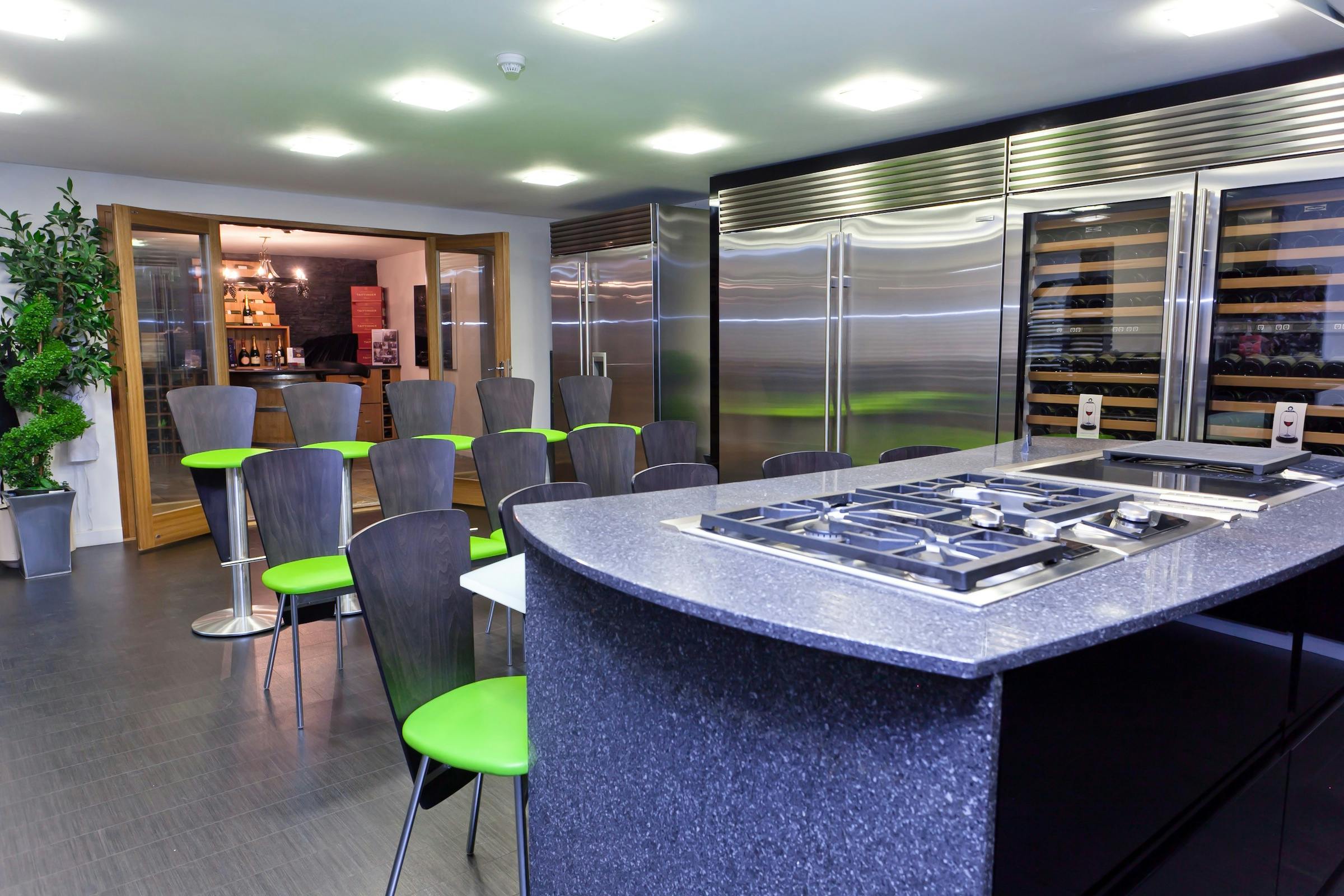 Modern kitchen in The Cheshire Cookery School for cooking classes and team-building events.