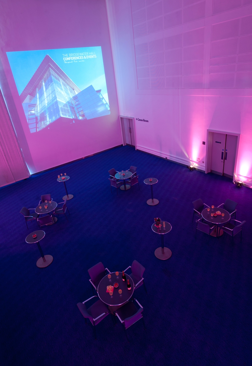 Barbirolli Room at Bridgewater Hall, elegantly lit for networking and cocktail events.