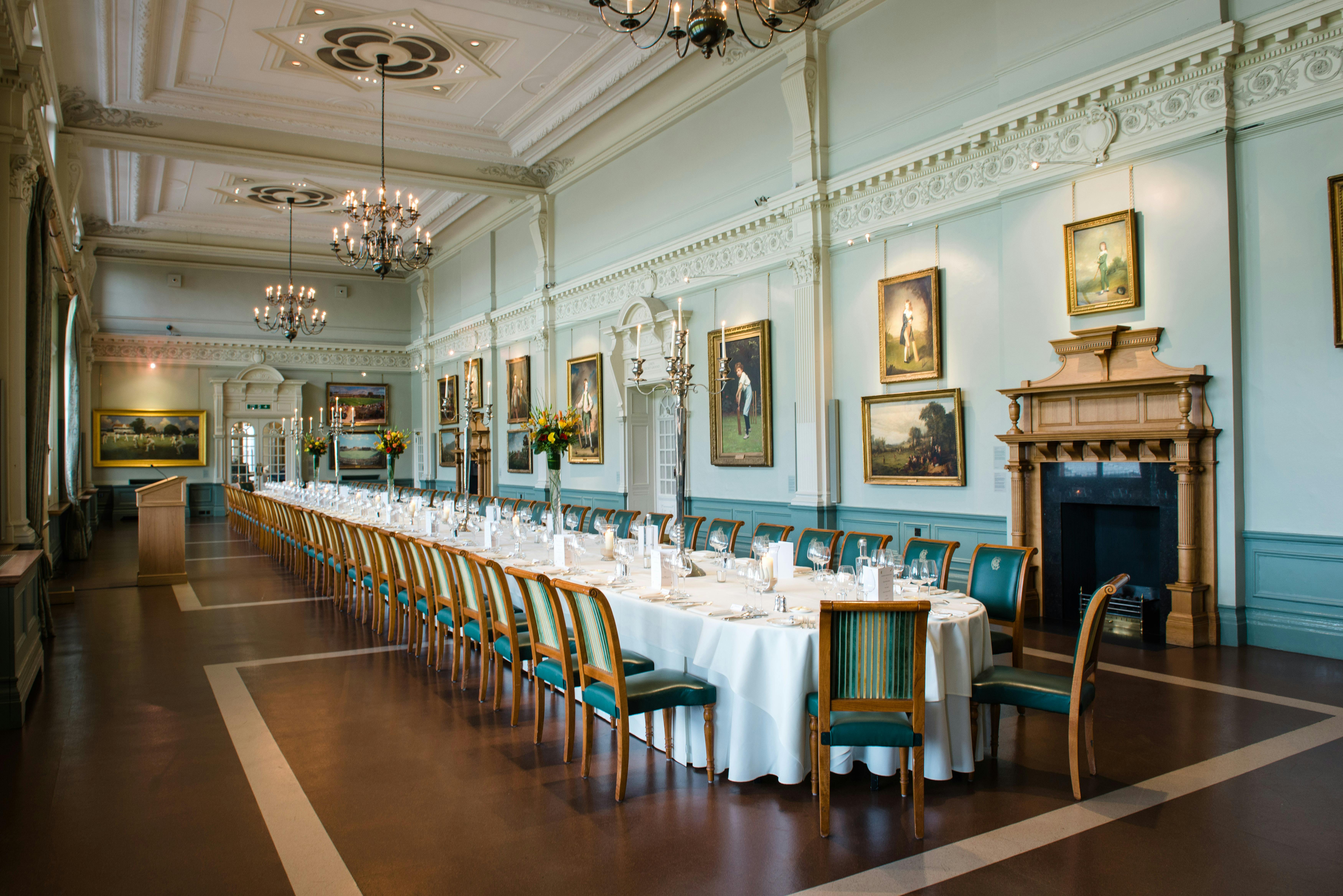 Elegant banquet hall at Lord's Cricket Ground with fine dining setup for events.