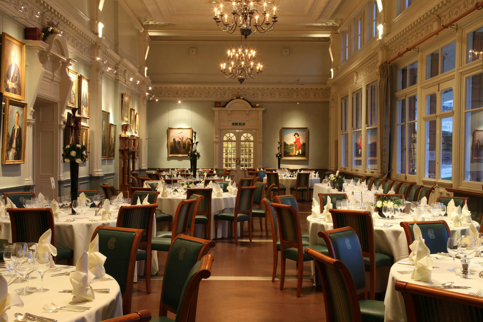 Long Room at Lord's Cricket Ground, elegant dining for corporate dinners and weddings.