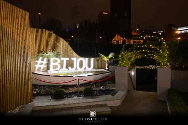Elegant Bijou Club entrance with illuminated signage, perfect for upscale events.