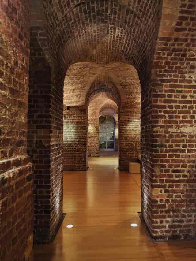 Exposed brick arches in The Vaults, RSA House event space for corporate meetings and receptions.