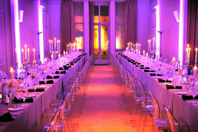 Elegant banquet setup with candelabras in North Sanctuary, Kent House for upscale events.