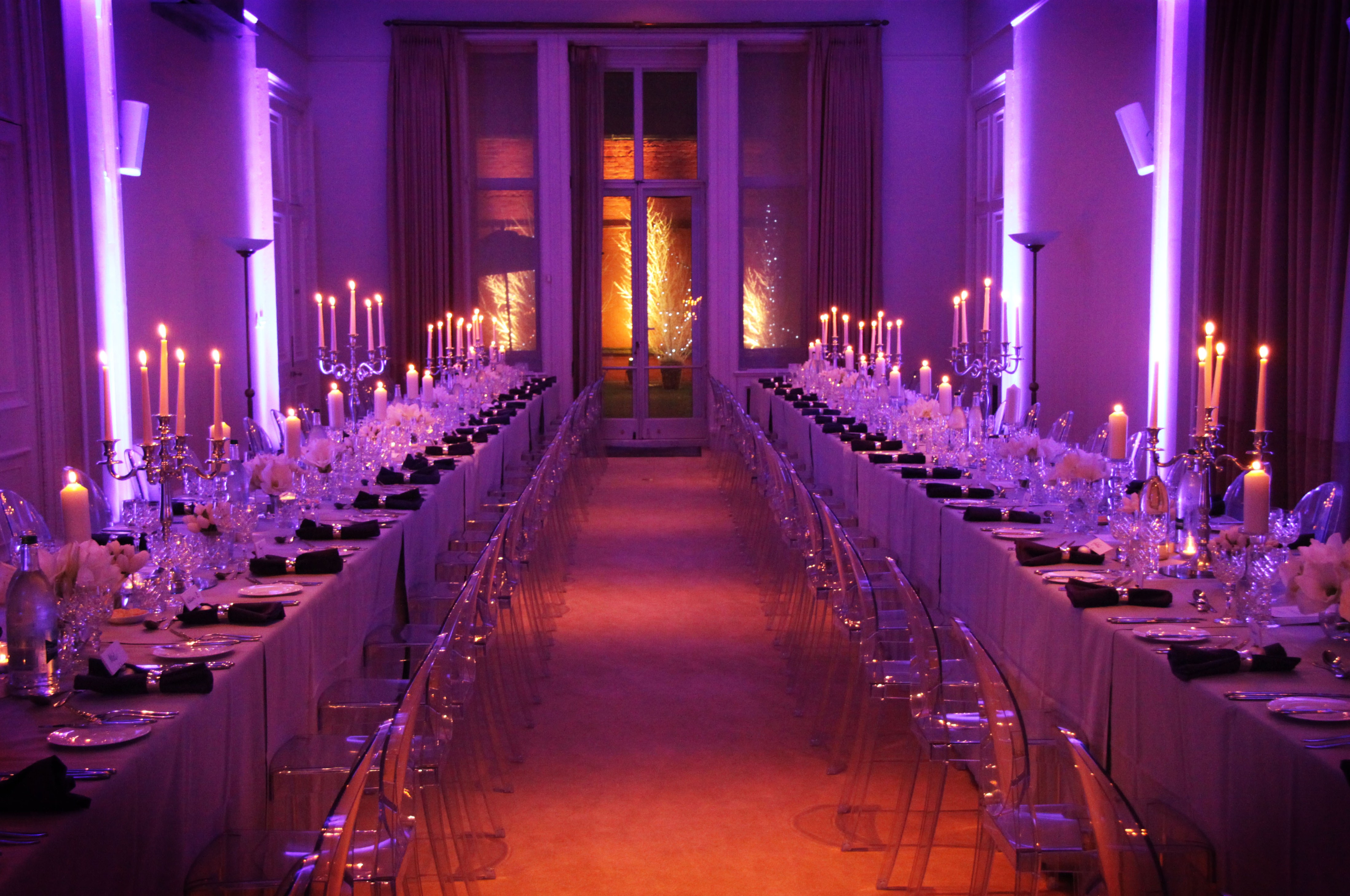 Elegant banquet hall in Kent House, featuring candlelit tables for weddings and galas. - Banner