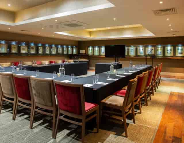 U-shaped boardroom in Fairmont Cheshire’s The Mere Suite, ideal for professional corporate meetings.