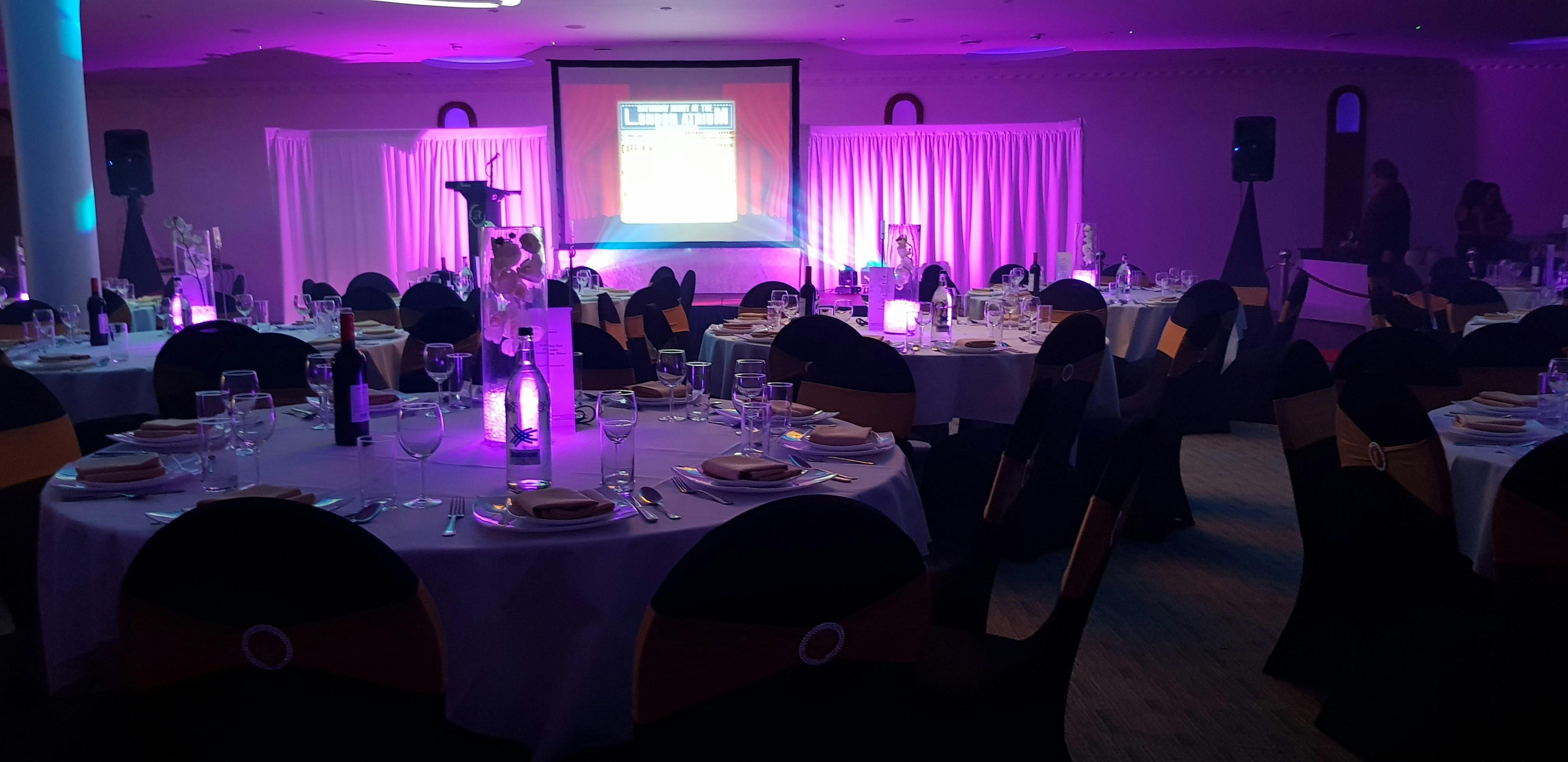 Elegant banquet room in The Atrium London for corporate events and gala dinners.