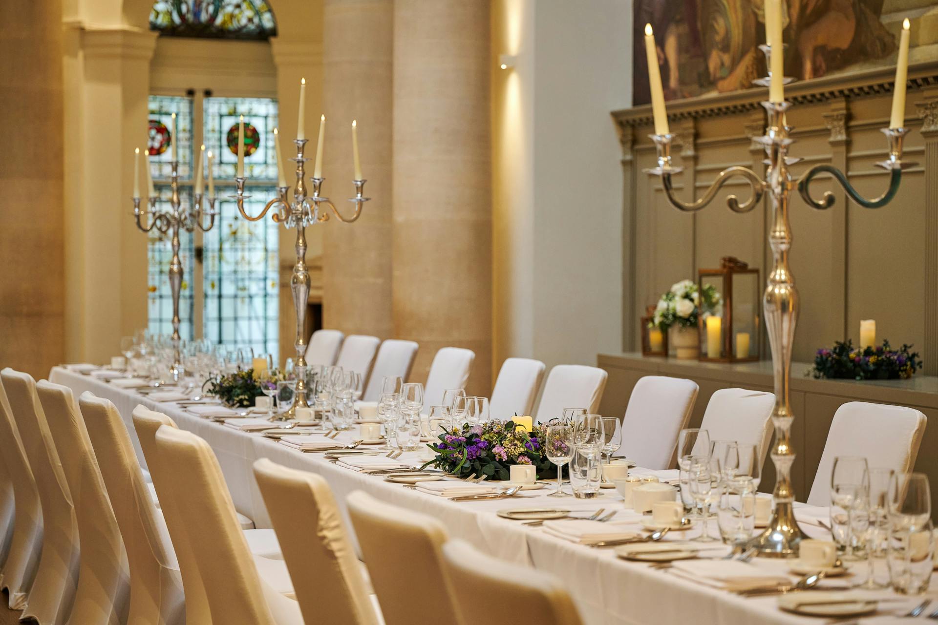 Elegant banquet table in Main Reception Room, ideal for formal events and galas.