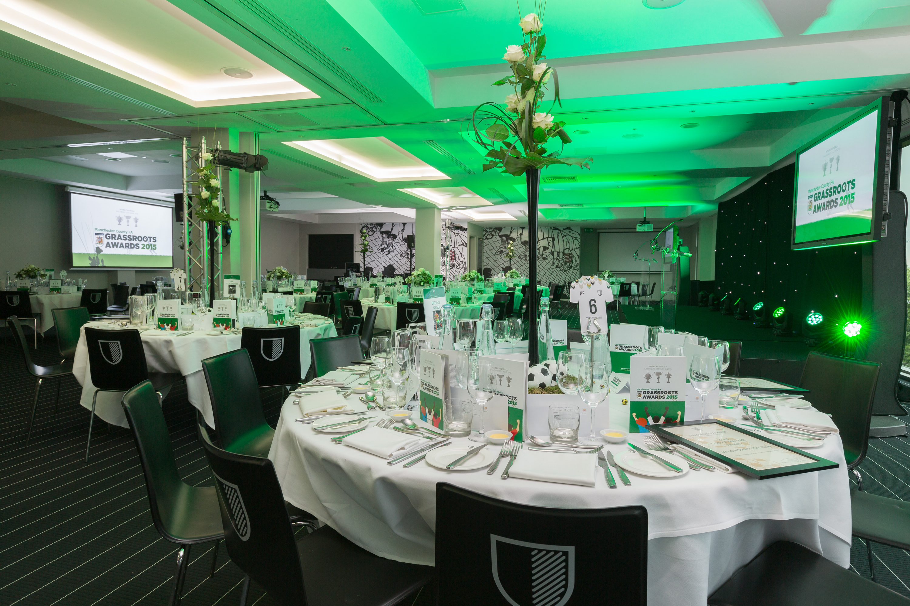 Elegant event space in Hotel Football, perfect for corporate dinners and galas. - Banner