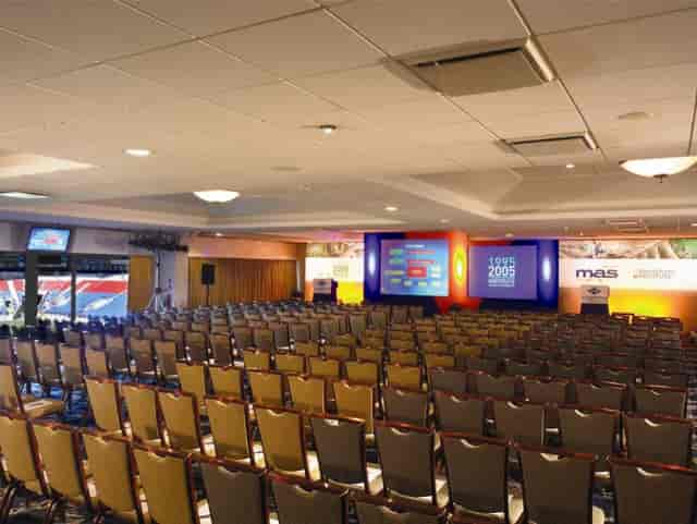 Platinum Suite conference setup with stage and seating at Bolton Whites Hotel.