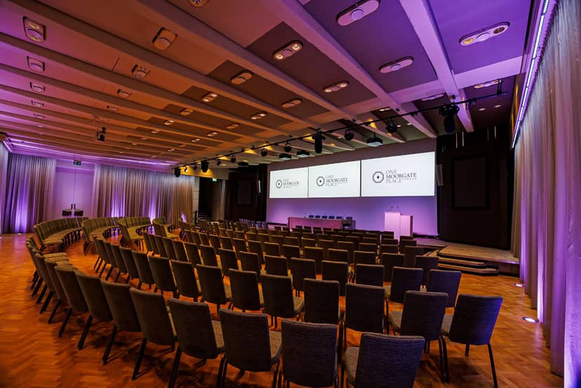 Great Hall at One Moorgate Place, theater-style seating for conferences and presentations.