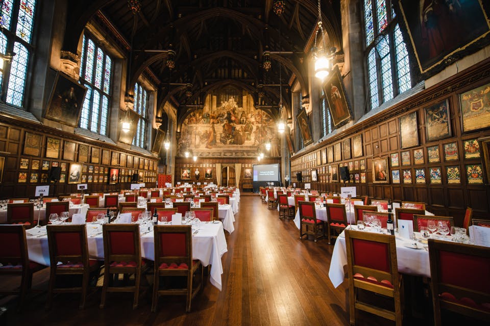 Great Hall at Lincoln's Inn, elegant banquet setup for formal dinners and corporate events.