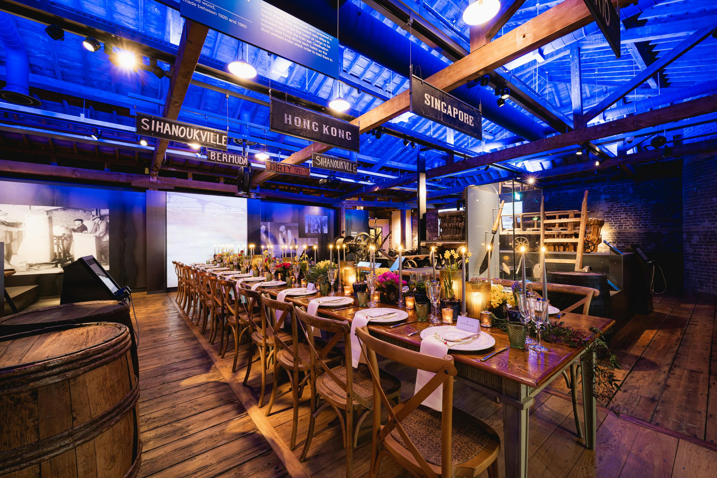 Elegant dining setup in London Museum Docklands for cultural networking events.