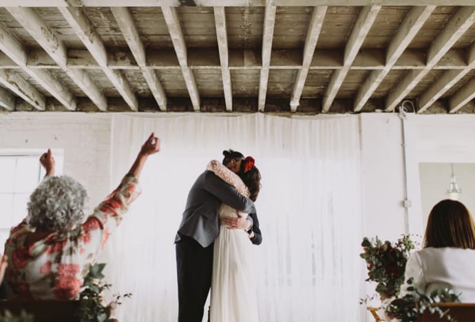 Industrial-chic Roost venue with exposed joists, ideal for wedding or event ceremony.