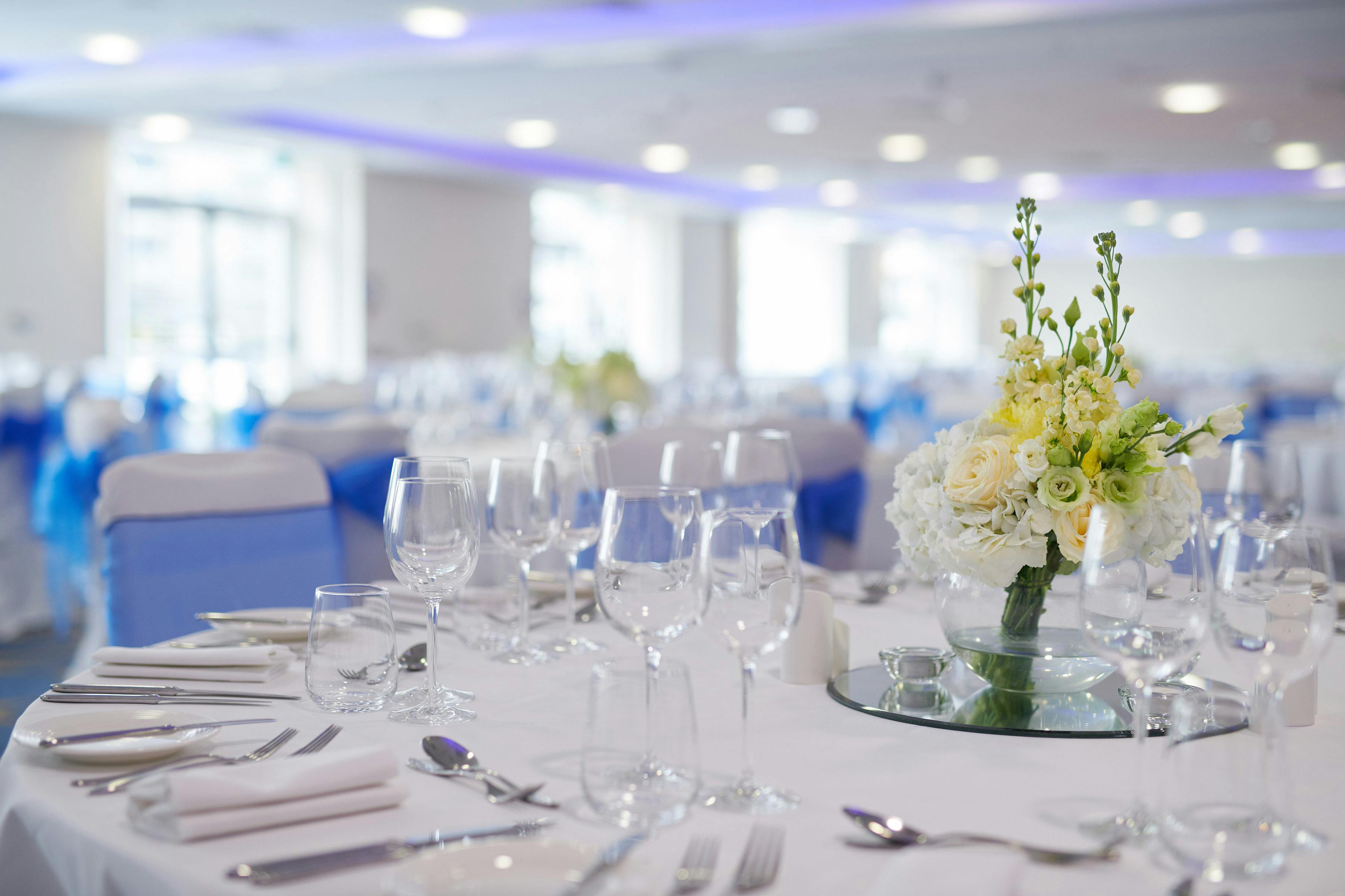 Elegant banquet table in Grand Room 1, Chelsea Harbour Hotel for weddings and corporate events.