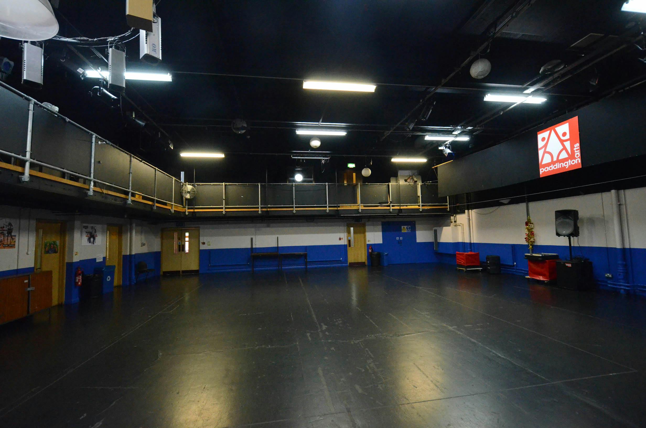 Main Hall at Paddington Arts: spacious event space with elevated balcony for workshops and performances.