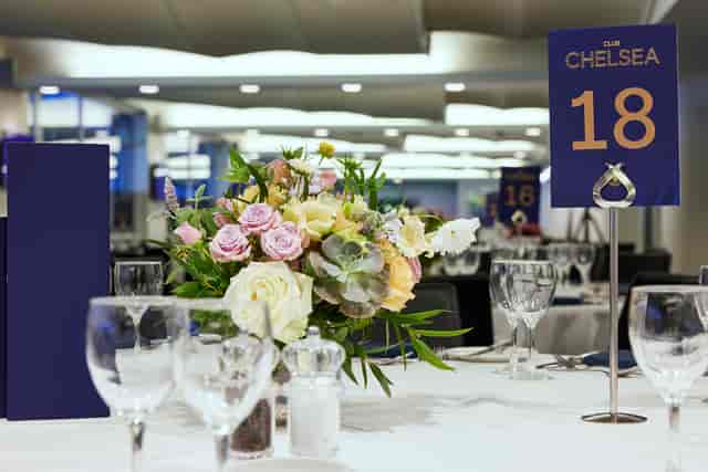 Elegant dining setup in Canoville Suite, Chelsea FC for corporate events and celebrations.