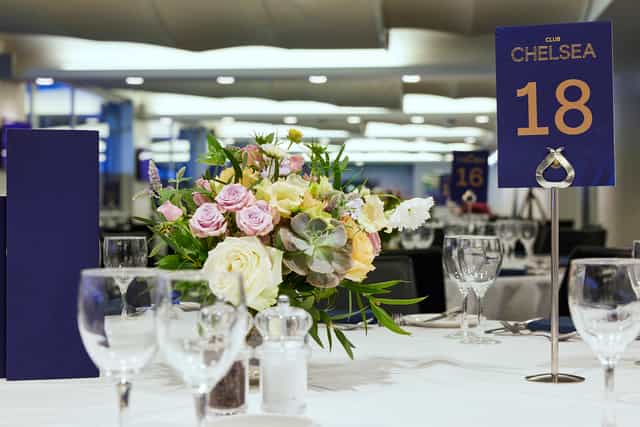 Elegant dining setup in Canoville Suite, Chelsea FC for corporate events and celebrations.