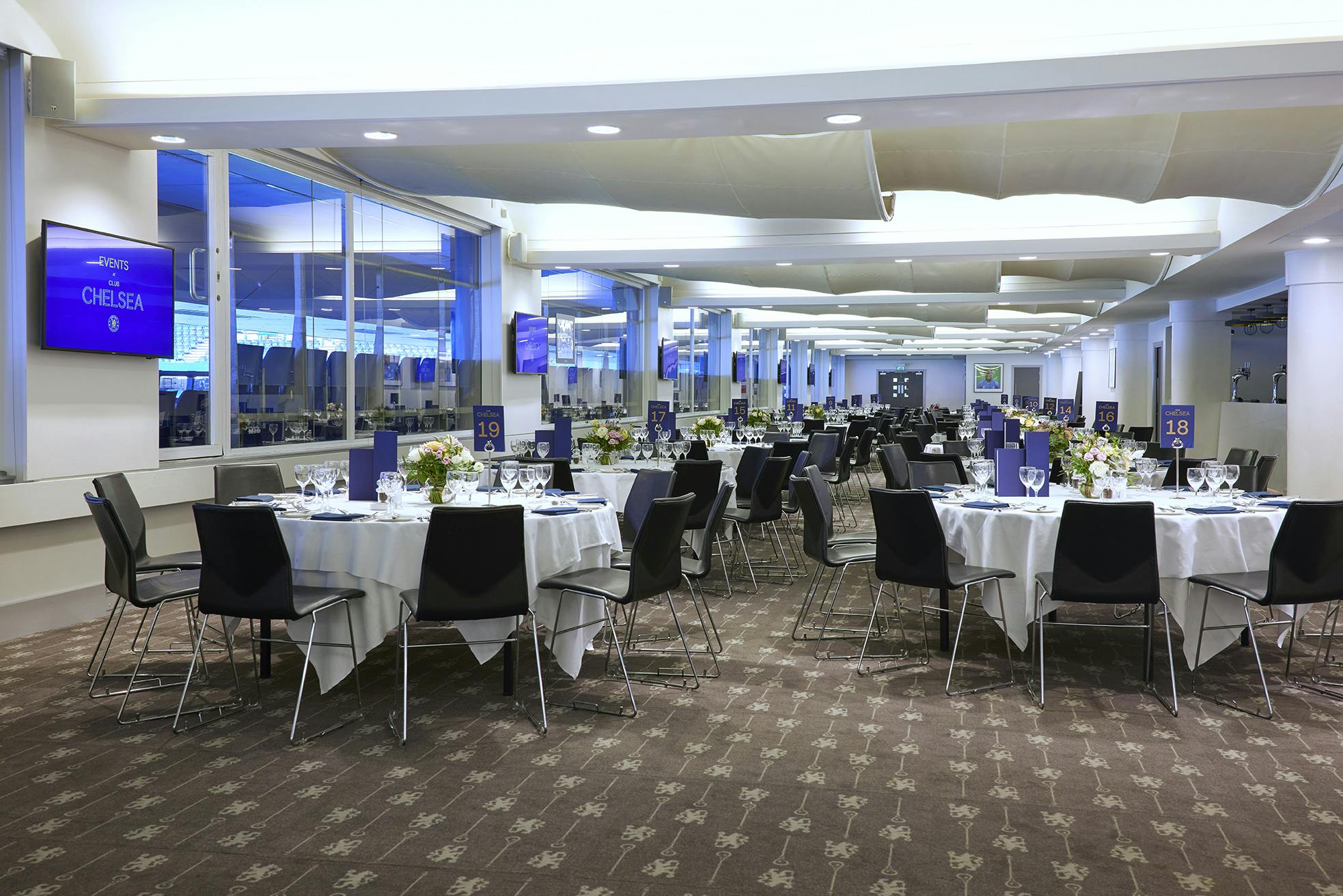 Canoville Suite at Chelsea FC, elegant event space for corporate dinners and galas.