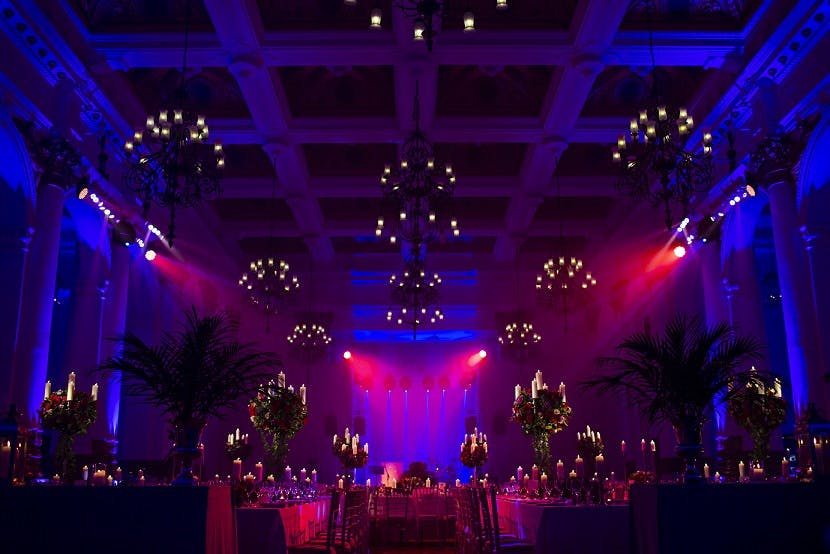 Elegant event space at 8 Northumberland Avenue with dramatic lighting for galas.