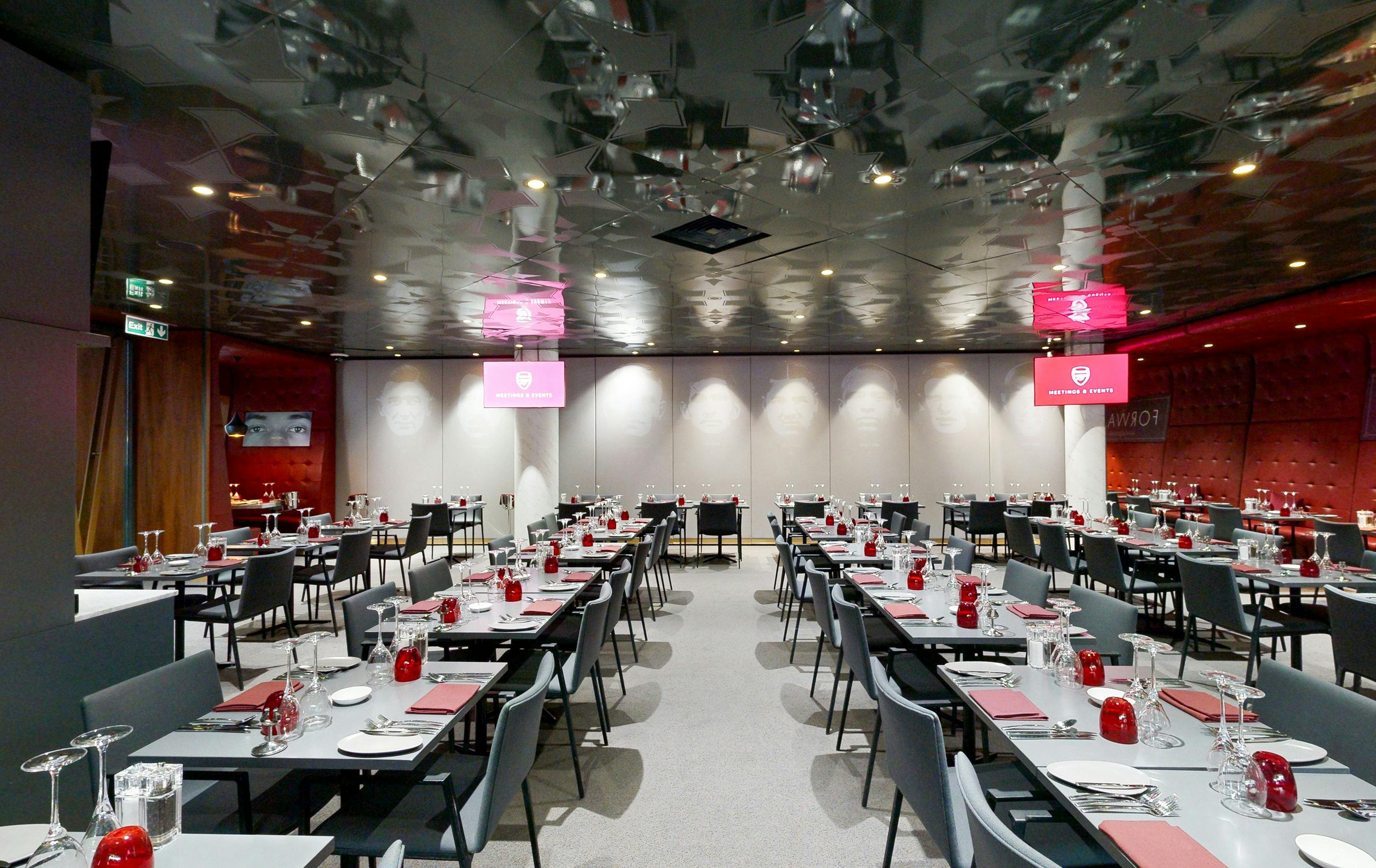 W Club at Emirates Stadium: elegant dining setup for corporate events and celebrations.