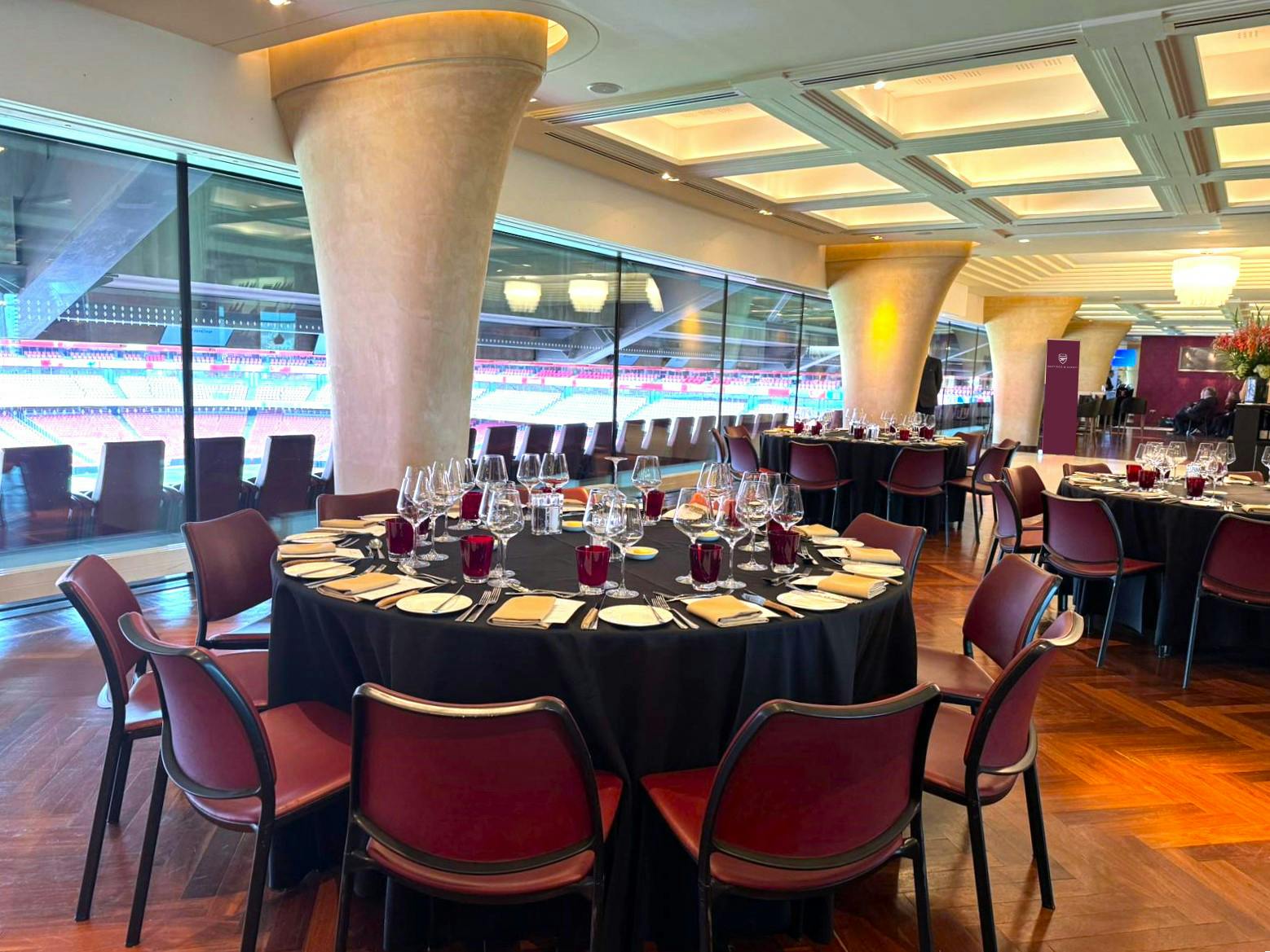 Elegant dining setup in Diamond Club, Emirates Stadium for corporate events.