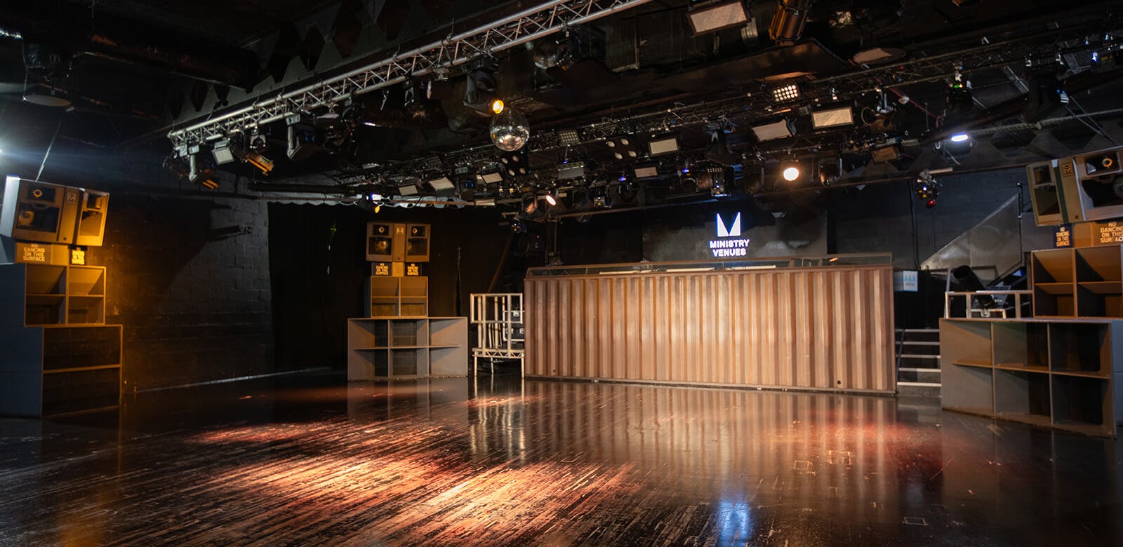 The Box at Ministry of Sound: polished wooden floor, ideal for corporate events and performances.