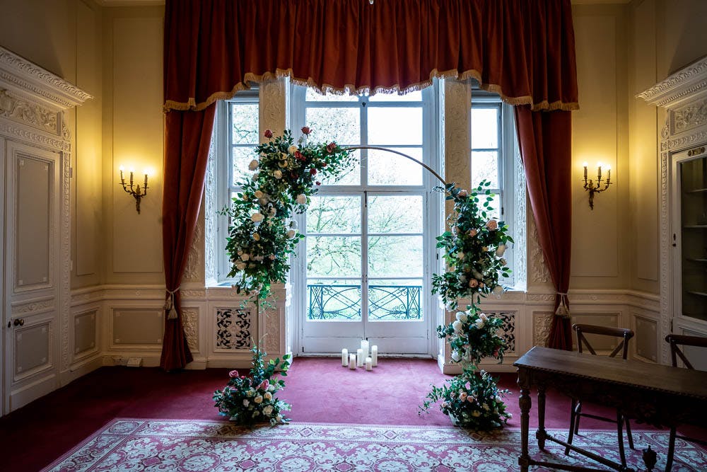 Elegant floral arch in Six Park Place's Drawing Room, perfect for weddings and events.