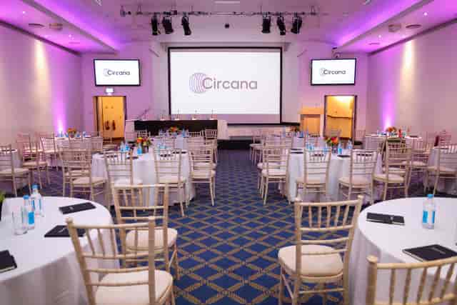 Bill Boeing Room corporate meeting setup with round tables and elegant decor.