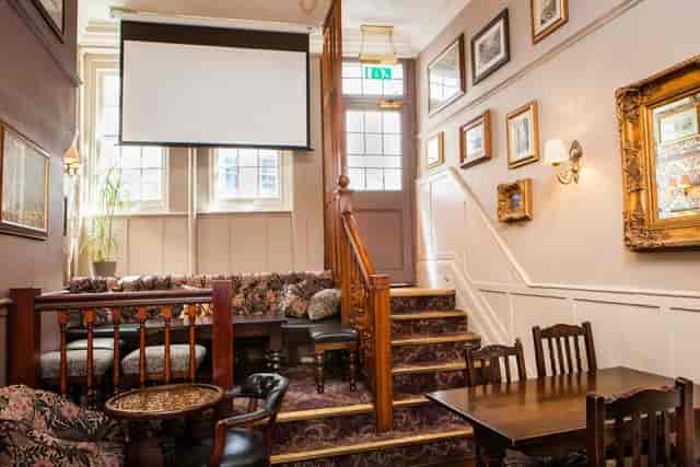 Snug at The Harrow: Multi-level pub space with fixed booth seating for informal networking events.