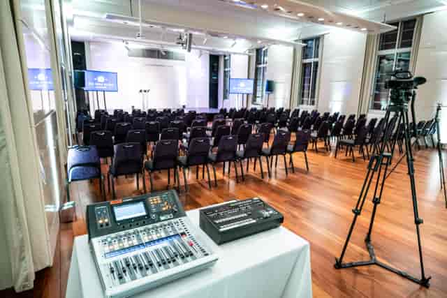 Princess Alexandra Hall theatre setup for hybrid event and professional conference.