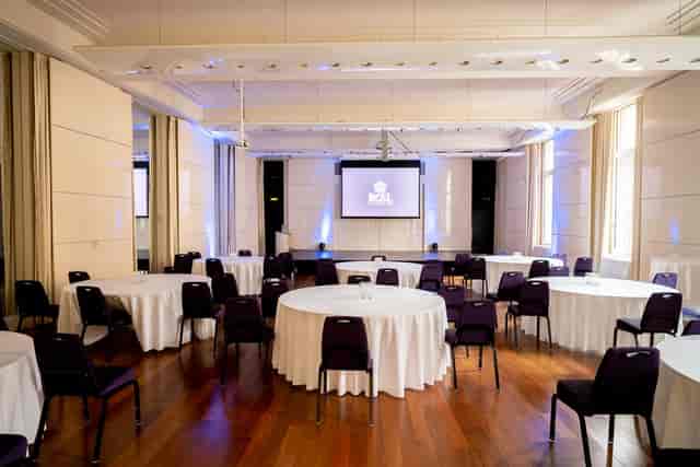 Princess Alexandra Hall ballroom in cabaret layout for professional corporate events and networking.