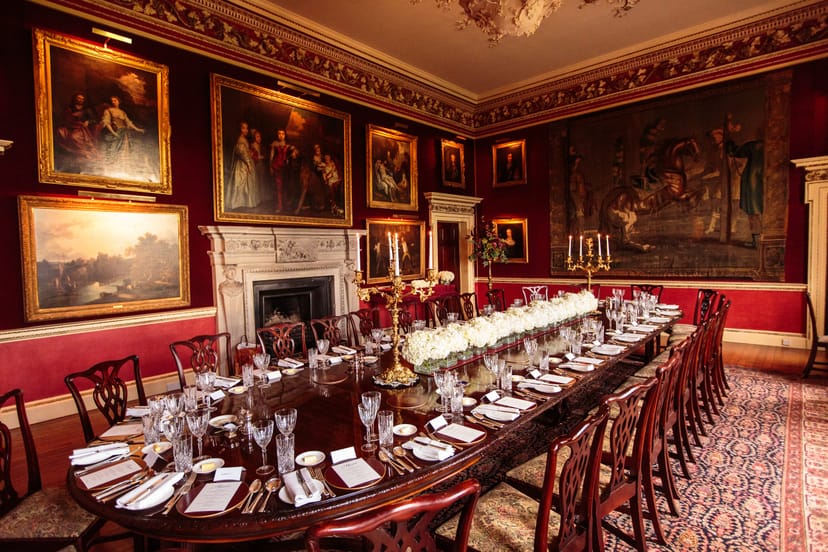 Crimson Dining Room in Hagley Hall, elegant banquet hall for upscale events.
