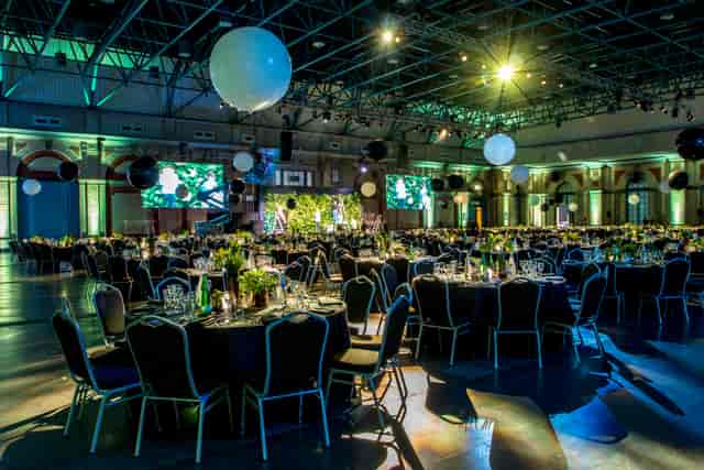 Elegant West Hall event space at Alexandra Palace for gala or corporate functions.