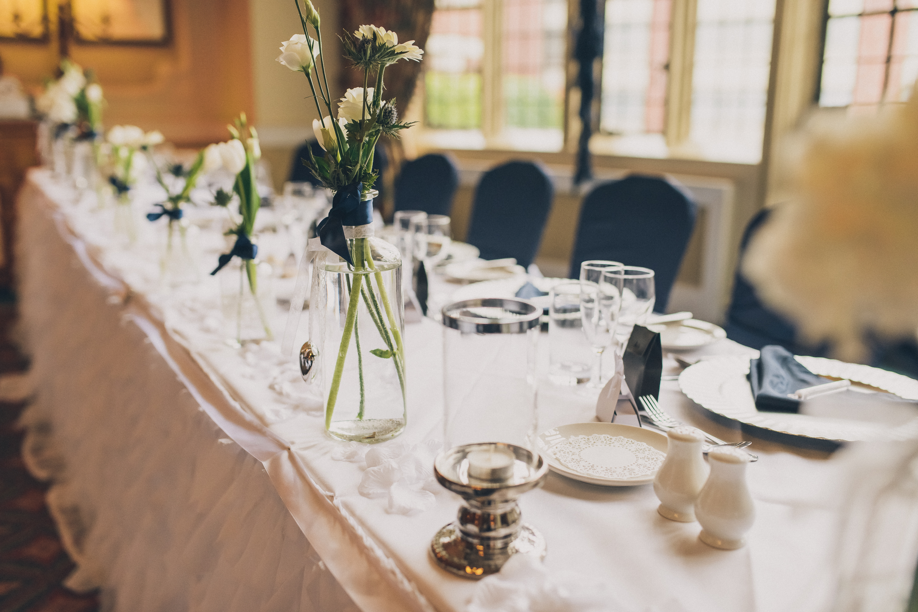 Elegant banquet table with floral centerpieces at Best Western Plough and Harrow Hotel. - Banner