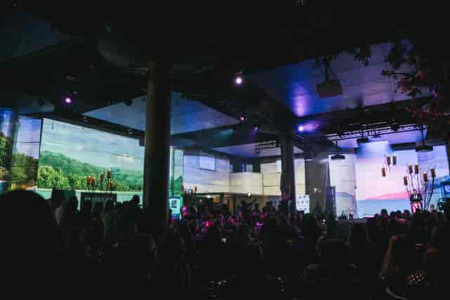 Underglobe event space with immersive projections for conferences and product launches.