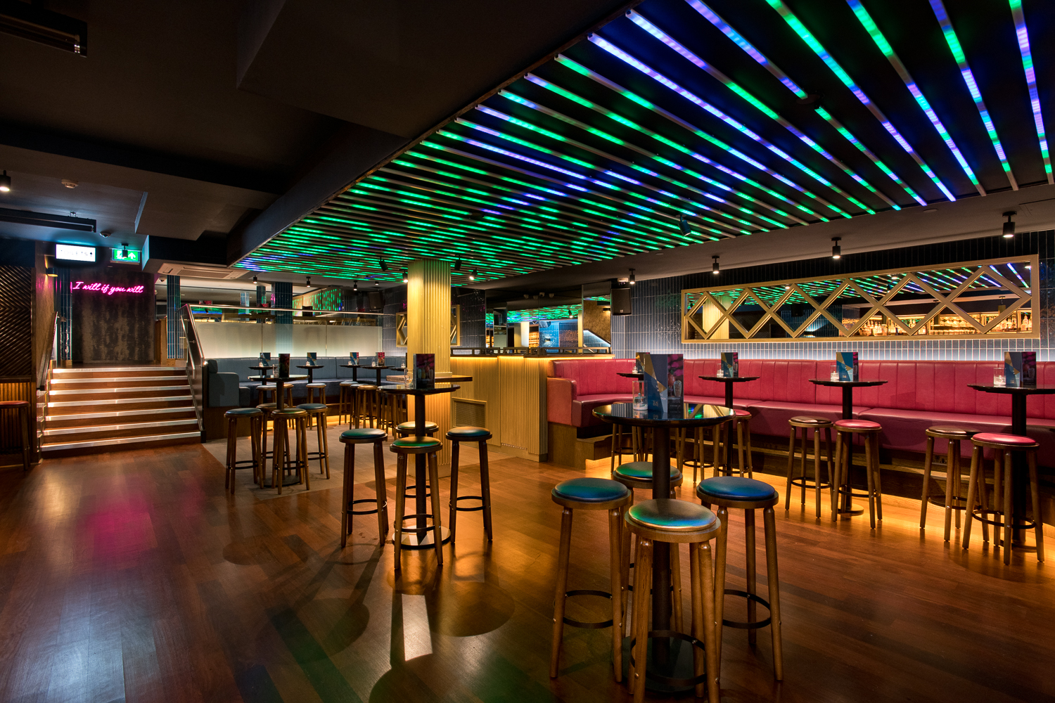 Be At One Shoe Lane venue featuring high-top seating for cocktail receptions and networking events. - Banner